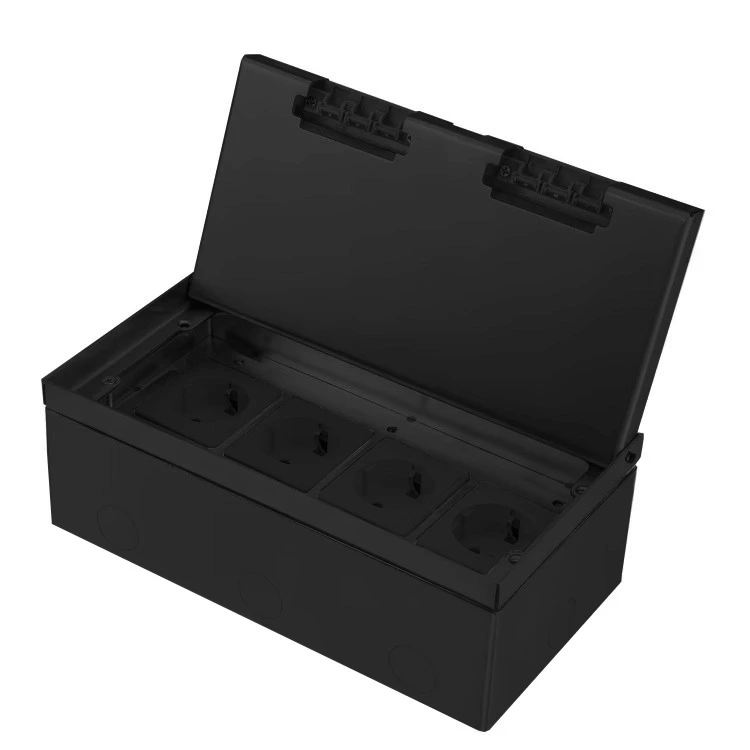 Розетка підлогова четверна (4 розетки) LIVOLO чорна, вбудована невидима прихованого монтажу, з кришкою і заземленням, IP54, нержавіюча сталь, для кухні, офісу чи конференц-залу, розмір 250×130×84 мм (VL-SHSJ54-TCIP-B) — Livolo