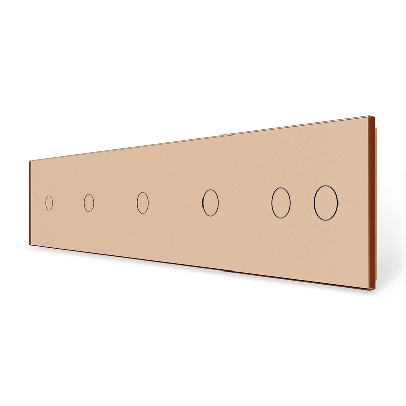 Рамка 5-постова для чотирьох 1-сенсорних та одного 2-сенсорного вимикачів (1-1-1-1-2) LIVOLO, загартоване скло, золота, 365×80 мм (VL-P701/01/01/01/02-10A)