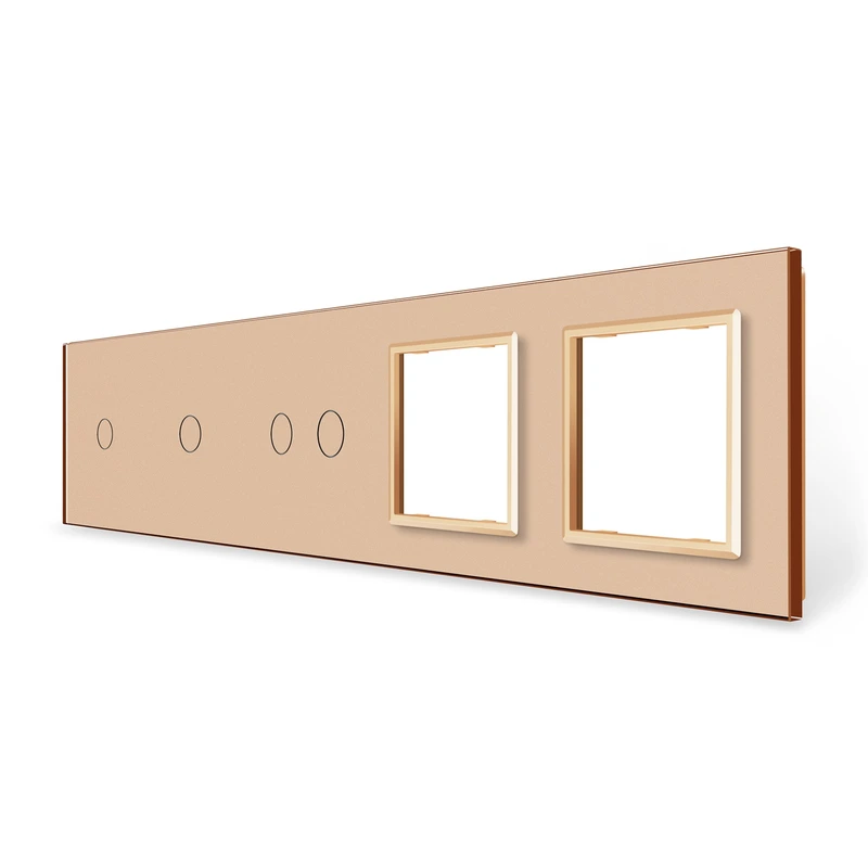 Рамка 5-постова для двох 1-сенсорних, одного 2-сенсорного вимикача і двох розеток (1-1-2-0-0) LIVOLO, загартоване скло, золота, 365×80 мм (VL-P701/01/02/E/E-10A)
