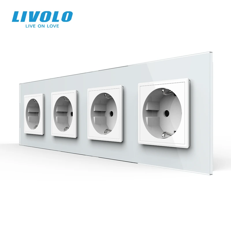 Чотиримісна електрична розетка з заземленням LIVOLO, біла, скляна 2.5D рамка, шторки, 250В 16А