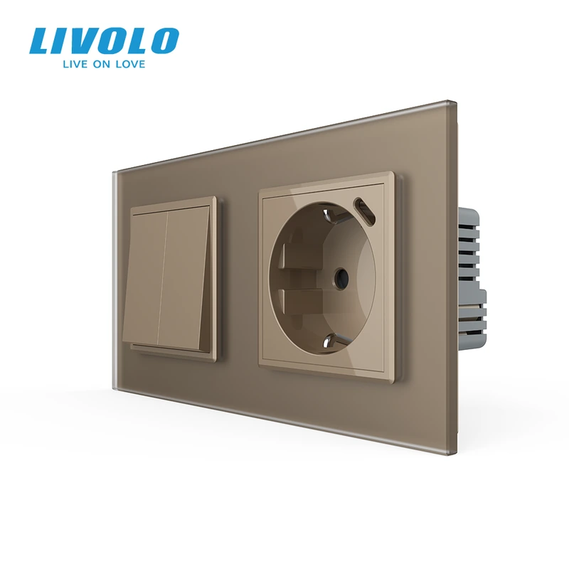 Двоклавішний перехресний вимикач LIVOLO з розеткою та USB Type-C 18Вт, золотий матовый, скло, заземлення