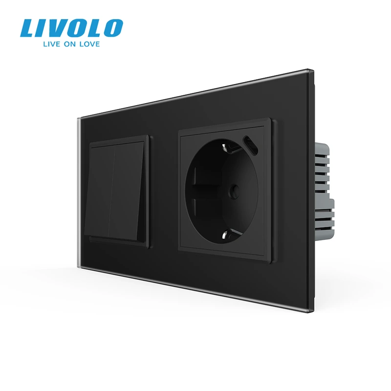 Двоклавішний перехресний вимикач LIVOLO з розеткою та USB Type-C 18Вт, чорний матовый, скло, заземлення