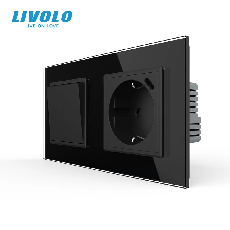 Двоклавішний перехресний вимикач LIVOLO з розеткою та USB Type-C 18Вт, чорний, скло, заземлення