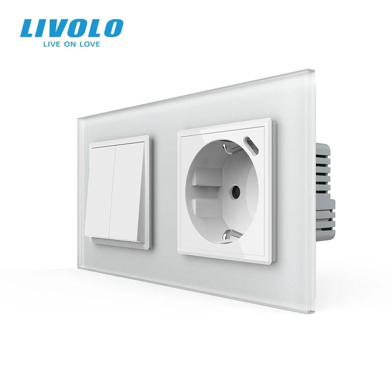 Двоклавішний перехресний вимикач LIVOLO з розеткою та USB Type-C 18Вт, білий матовый, скло, заземлення