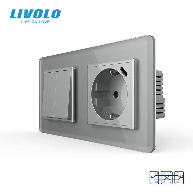 Двоклавішний перехресний вимикач LIVOLO з розеткою та USB Type-C 18Вт, сірий 2.5D, скло, заземлення — Livolo