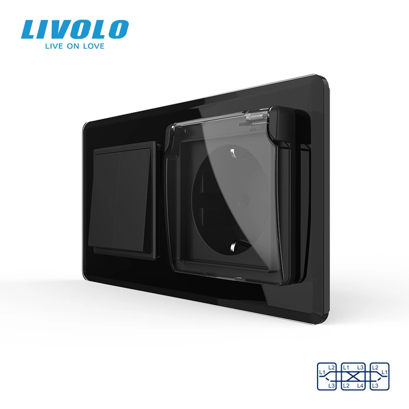 Двоклавішний перехресний вимикач з розеткою кришка IP44 LIVOLO чорний 2.5D скло, із заземленням, захисні шторки — Livolo