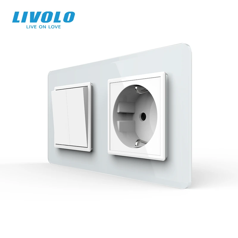 Двоклавішний вимикач з розеткою LIVOLO білий 2.5D скло