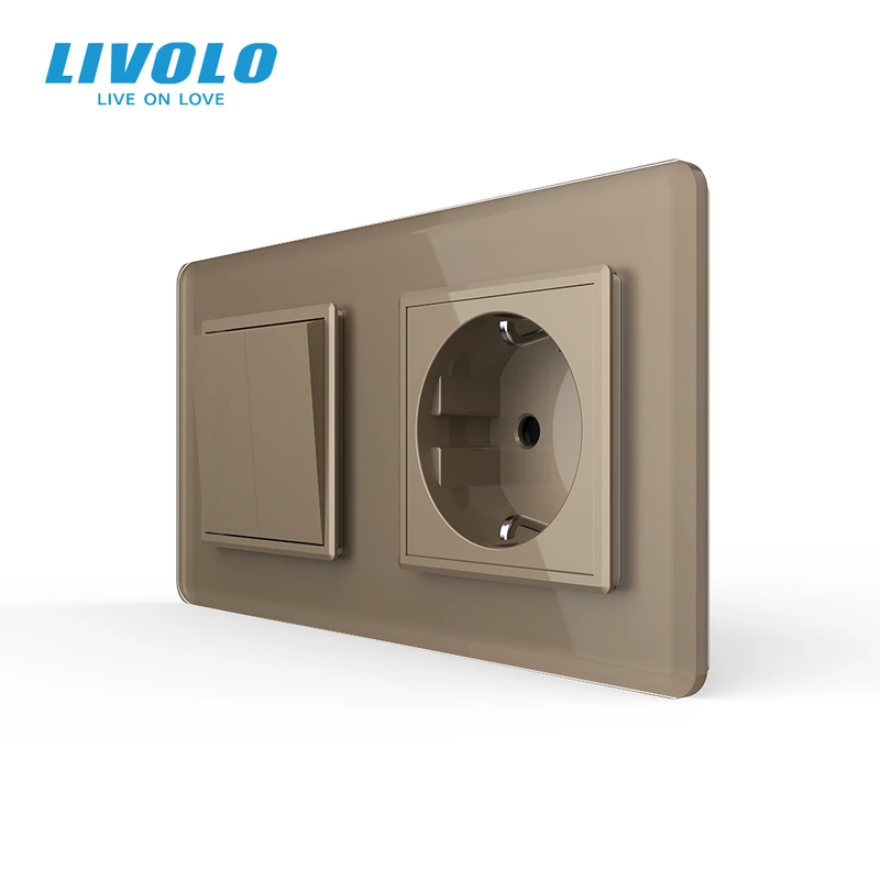 Двоклавішний вимикач з розеткою LIVOLO золотий 2.5D скло