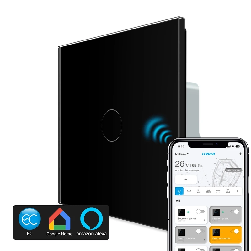 Розумний сенсорний прохідний/перехресний EC вимикач 1 сенсор Livolo чорний скло (VL-M7FC1SZ2-2BP)