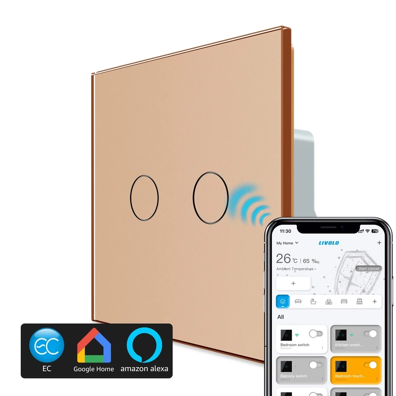 Розумний сенсорний прохідний/перехресний EC вимикач 2 сенсора Livolo золото скло (VL-M7FC2SZ2-2AP)