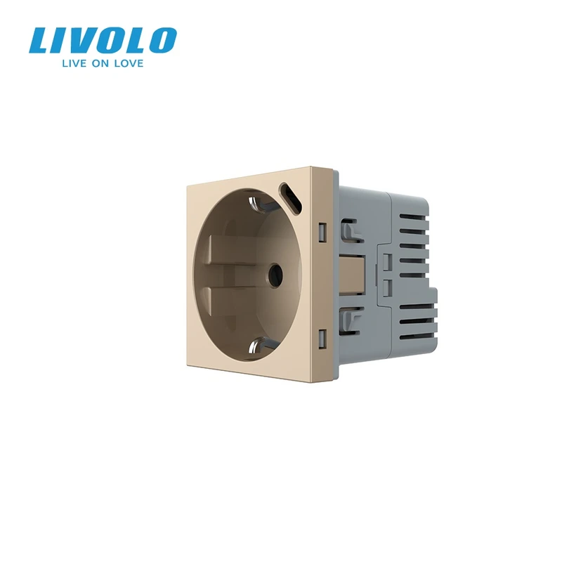 Електрична розетка LIVOLO з USB Type-C PD 18Вт, швидке заряджання iPhone, золота, 16А 230В, із заземленням, шторки, модуль (VL-FCTF16A.UC18W-2AP)