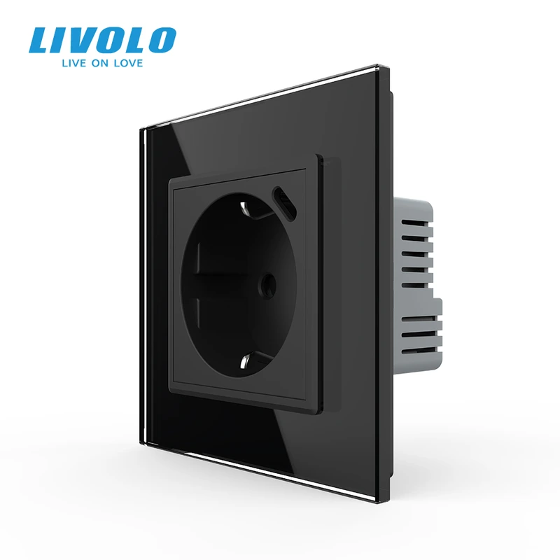 Електрична розетка з USB Type-C 18Вт для зарядки, з заземленням, LIVOLO, чорна, скляна рамка, 250В 16А (VL-C7CTF16A.UC18W-2BP) — Livolo