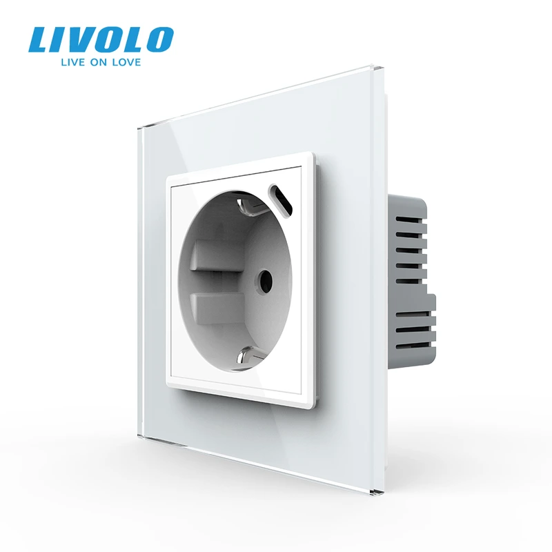 Електрична розетка з USB Type-C 18Вт для зарядки, з заземленням, LIVOLO, біла, скляна рамка, 250В 16А (VL-C7CTF16A.UC18W-2WP)