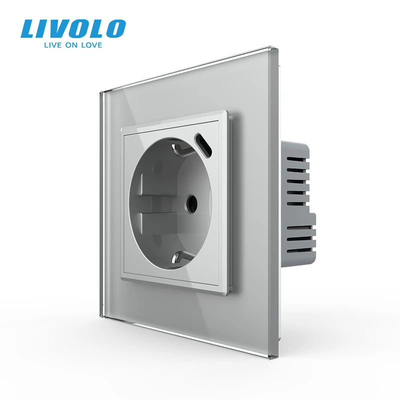Електрична розетка з USB Type-C 18Вт для зарядки, з заземленням, LIVOLO, сіра, скляна 2.5D рамка, 250В 16А