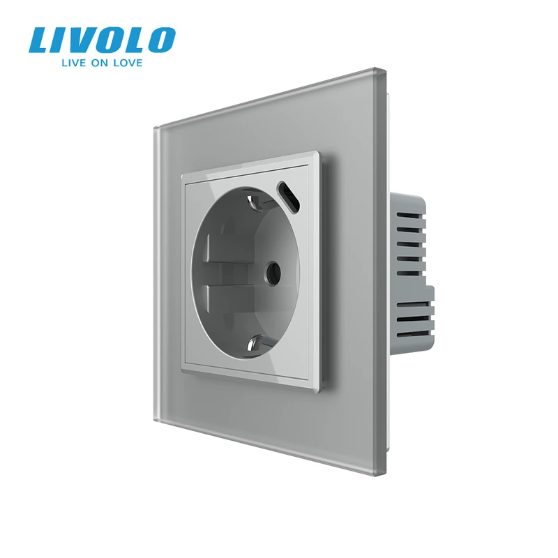 Електрична розетка з USB Type-C 18Вт для зарядки, з заземленням, LIVOLO, сіра, скляна матова рамка, 250В 16А — Livolo