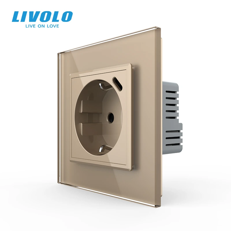 Електрична розетка з USB Type-C 18Вт для зарядки, з заземленням, LIVOLO, золота, скляна 2.5D рамка, 250В 16А