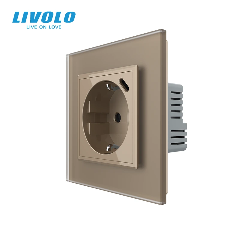 Електрична розетка з USB Type-C 18Вт для зарядки, з заземленням, LIVOLO, золота, скляна матова рамка, 250В 16А — Livolo