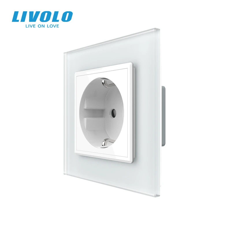 Електрична розетка з заземленням LIVOLO, біла, скляна матова рамка, шторки, 250В 16А — Livolo