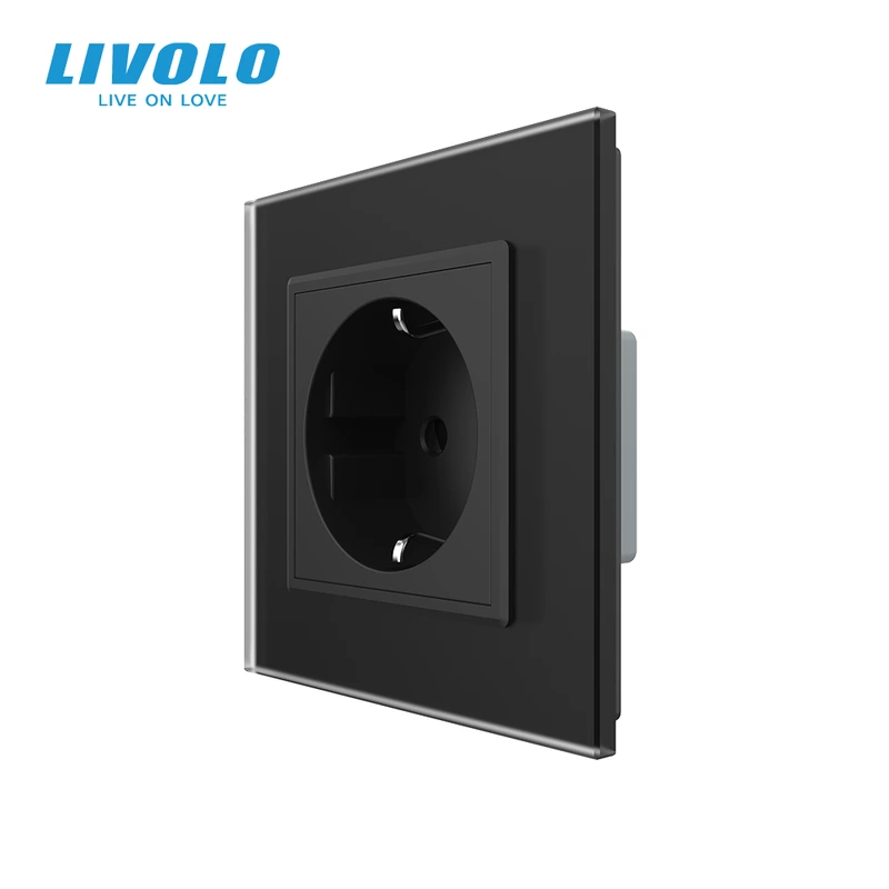 Електрична розетка з заземленням LIVOLO, чорна, скляна матова рамка, шторки, 250В 16А
