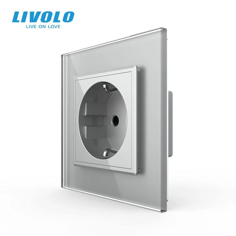 Електрична розетка з заземленням LIVOLO, сіра, скляна 2.5D рамка, шторки, 250В 16А