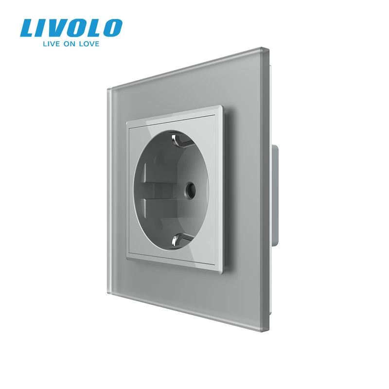 Електрична розетка з заземленням LIVOLO, сіра, скляна матова рамка, шторки, 250В 16А — Livolo