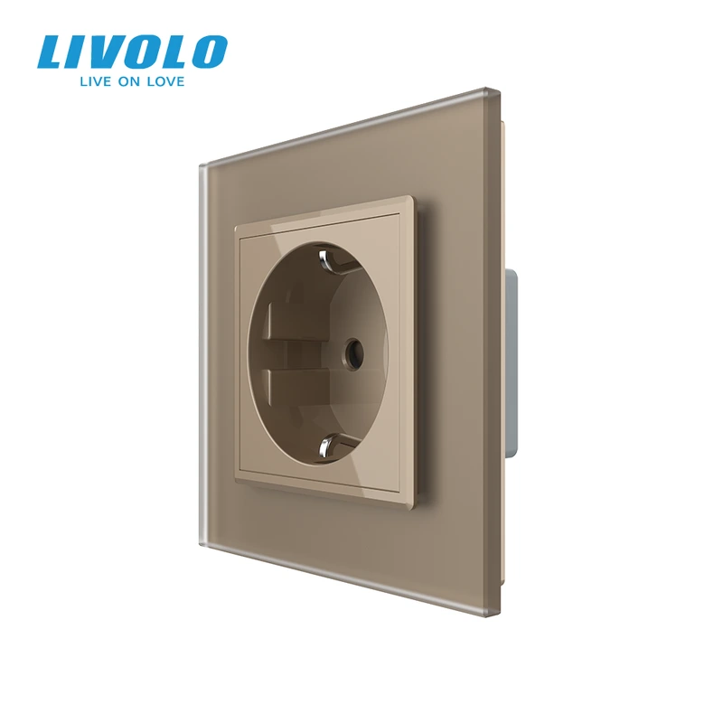 Електрична розетка з заземленням LIVOLO, золота, скляна матова рамка, шторки, 250В 16А — Livolo