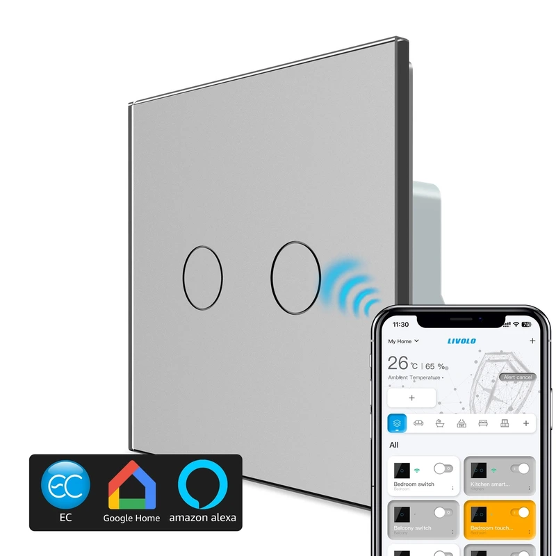 Розумний сенсорний прохідний/перехресний IP вимикач 2 сенсора LIVOLO сірий матове скло
