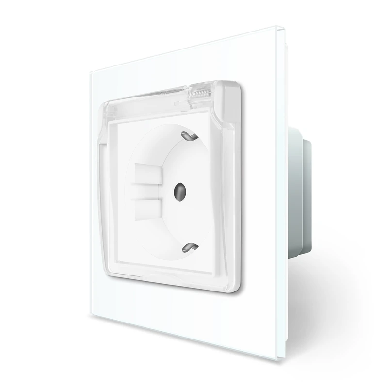 Електрична розетка вологозахисна з кришкою IP44 з заземленням, LIVOLO, біла, скляна рамка, шторки, 250В 16А (VL-C7C1EUWF-11)