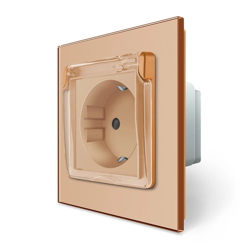 Електрична розетка вологозахисна з кришкою IP44 з заземленням, LIVOLO, золота, скляна рамка, шторки, 250В 16А (VL-C7C1EUWF-13)