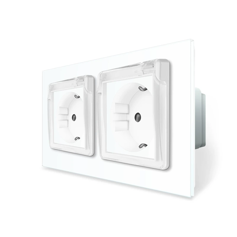 Подвійна електрична розетка вологозахисна з кришкою IP44 з заземленням, LIVOLO, біла, скляна рамка, шторки, 250В 16А (VL-C7C2EUWF-11)