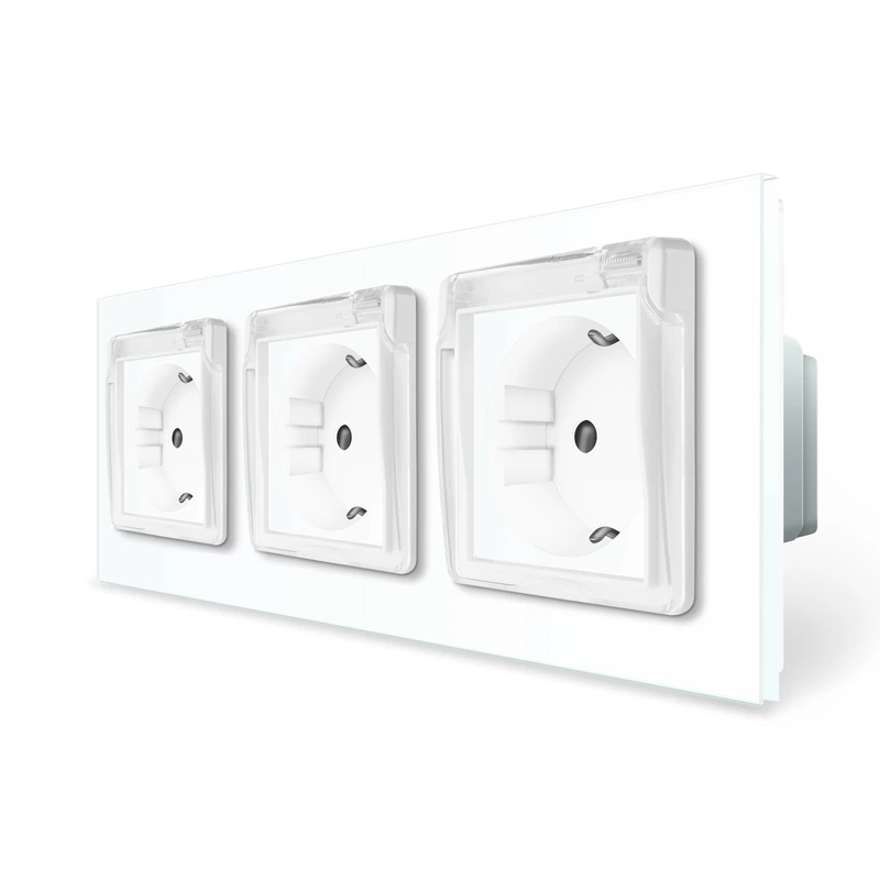 Потрійна електрична розетка вологозахисна з кришкою IP44 з заземленням, LIVOLO, біла, скляна рамка, шторки, 250В 16А (VL-C7C2EUWF-11)