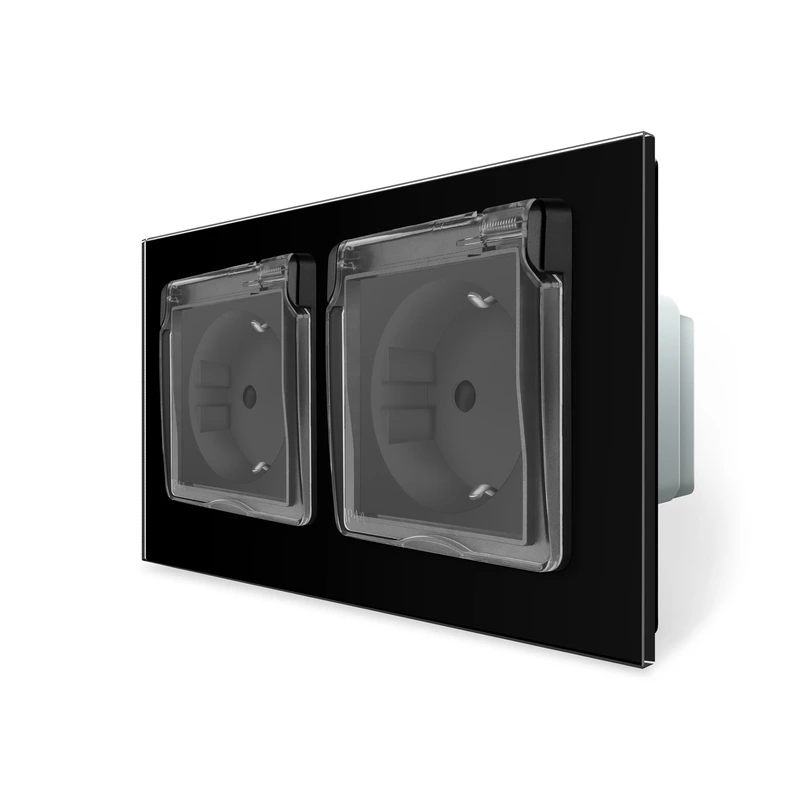Подвійна електрична розетка вологозахисна з кришкою IP44 з заземленням, LIVOLO, чорна, скляна рамка, шторки, 250В 16А (VL-C7C2EUWF-12)