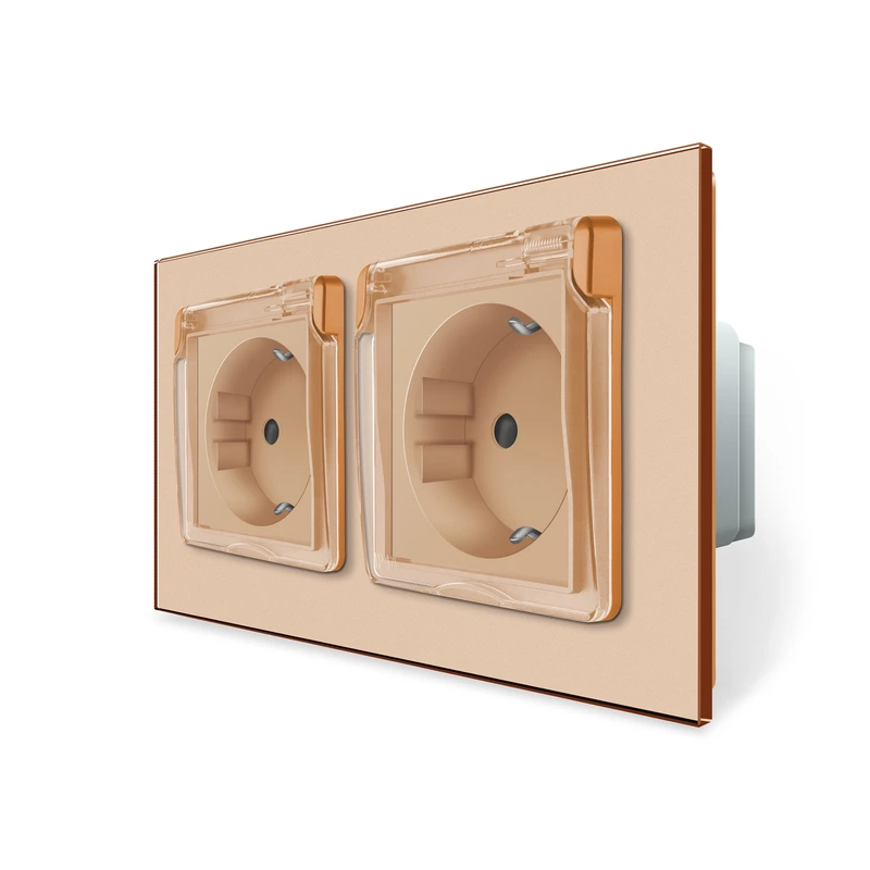 Подвійна електрична розетка вологозахисна з кришкою IP44 з заземленням, LIVOLO, золота, скляна рамка, шторки, 250В 16А (VL-C7C2EUWF-13)