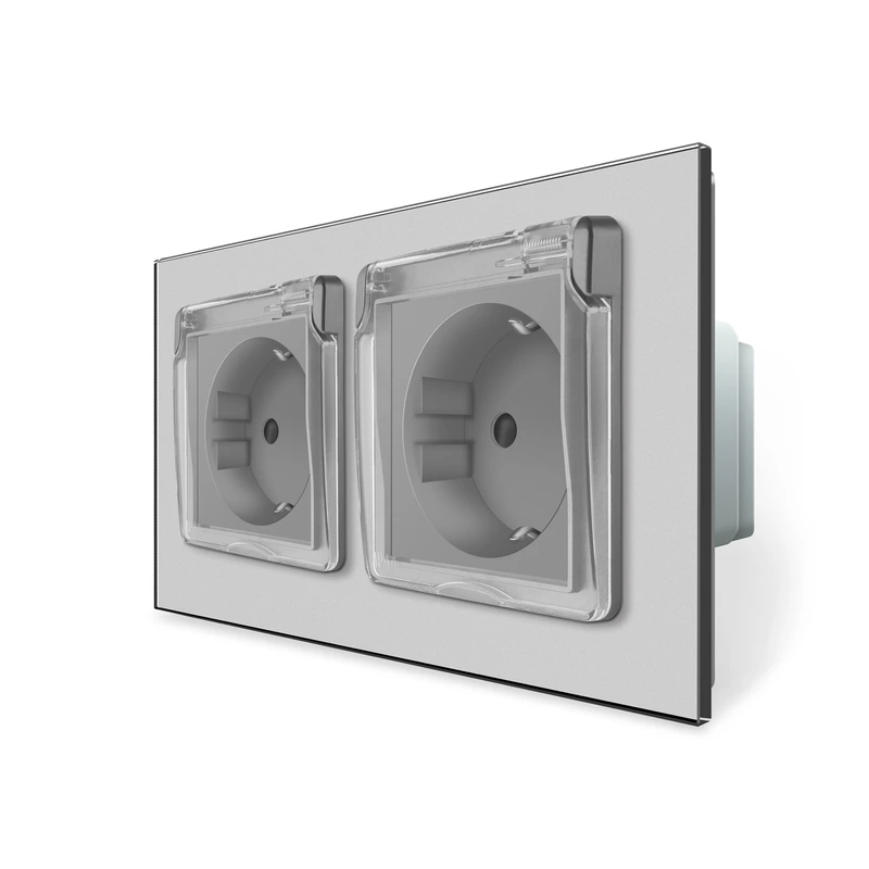 Подвійна електрична розетка вологозахисна з кришкою IP44 з заземленням, LIVOLO, сіра, скляна рамка, шторки, 250В 16А (VL-C7C2EUWF-15)