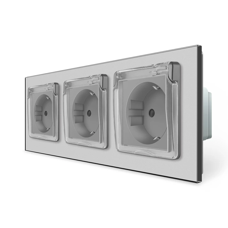 Потрійна електрична розетка вологозахисна з кришкою IP44 з заземленням, LIVOLO, сіра, скляна рамка, шторки, 250В 16А (VL-C7C3EUWF-15)