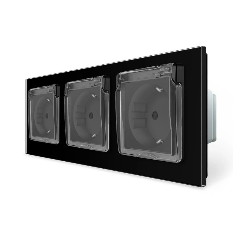 Потрійна електрична розетка вологозахисна з кришкою IP44 з заземленням, LIVOLO, чорна, скляна матова рамка, шторки, 250В 16А — Livolo