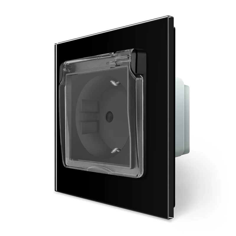 Електрична розетка вологозахисна з кришкою IP44 з заземленням, LIVOLO, чорна, скляна матова рамка, шторки, 250В 16А — Livolo