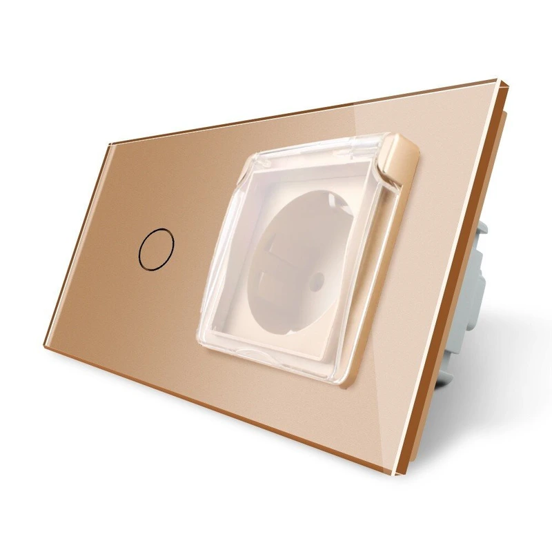 Сенсорний вимикач + розетка вологозахисна з кришкою IP44, з заземленням, золота скляна рамка, шторки, LIVOLO (VL-C701/C7C1EUWF-13)