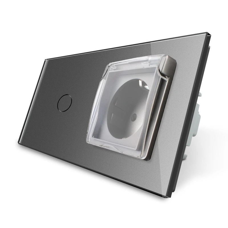 Сенсорний вимикач + розетка вологозахисна з кришкою IP44, з заземленням, сіра скляна рамка, шторки, LIVOLO (VL-C701/C7C1EUWF-15)