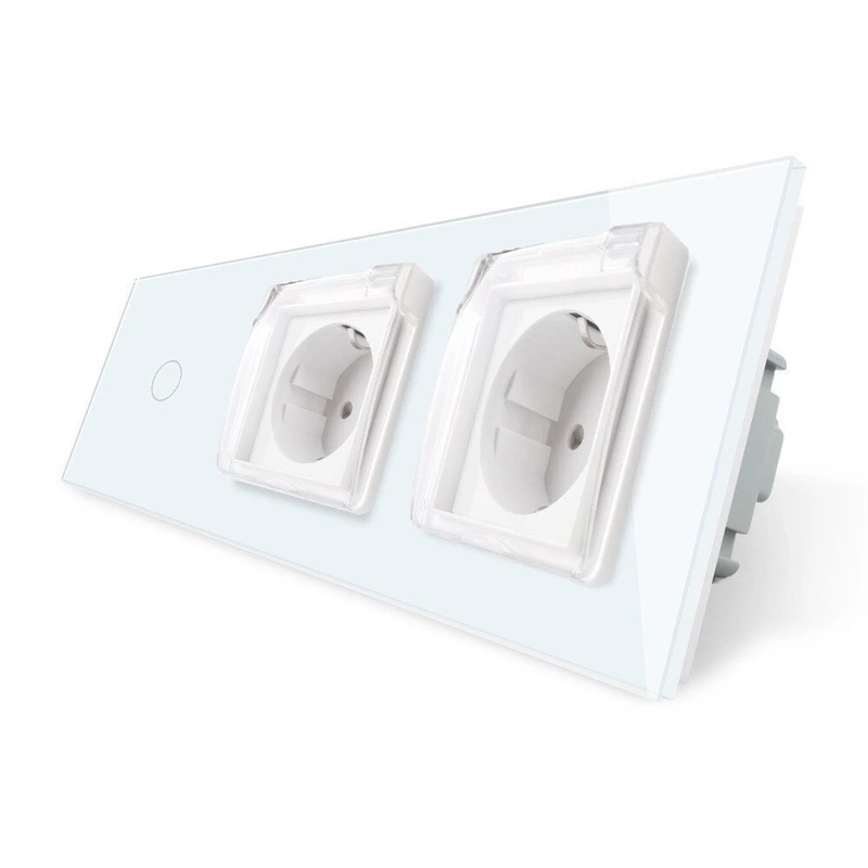 Сенсорний вимикач + подвійна розетка вологозахисна з кришкою IP44, з заземленням, біла скляна рамка, шторки, LIVOLO (VL-C701/C7C2EUWF-11)