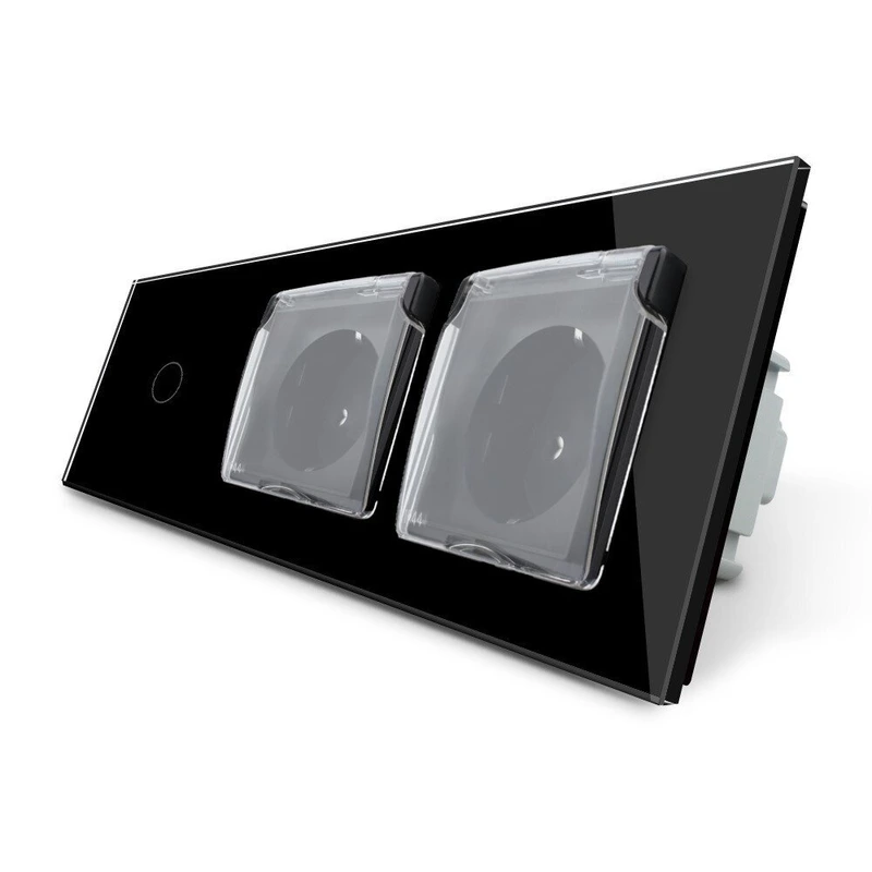 Сенсорний вимикач + подвійна розетка вологозахисна з кришкою IP44, з заземленням, чорна скляна рамка, шторки, LIVOLO (VL-C701/C7C2EUWF-12)