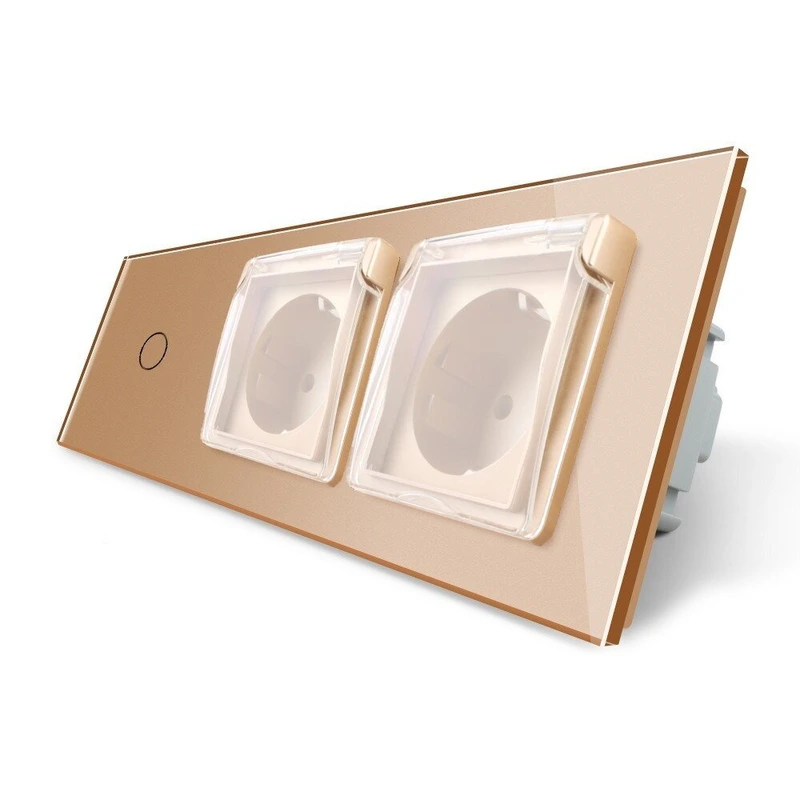 Сенсорний вимикач + подвійна розетка вологозахисна з кришкою IP44, з заземленням, золота скляна рамка, шторки, LIVOLO (VL-C701/C7C2EUWF-13)