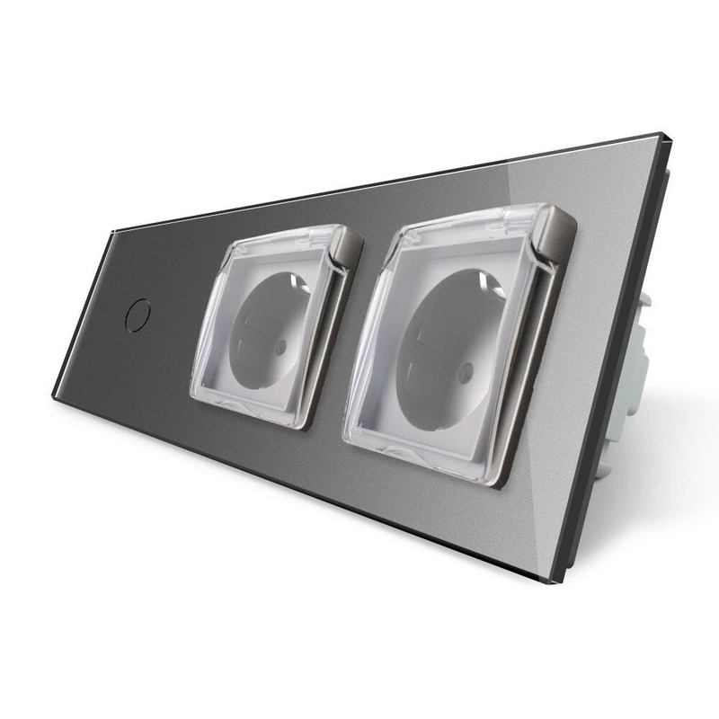 Сенсорний вимикач + подвійна розетка вологозахисна з кришкою IP44, з заземленням, сіра скляна рамка, шторки, LIVOLO (VL-C701/C7C2EUWF-15)