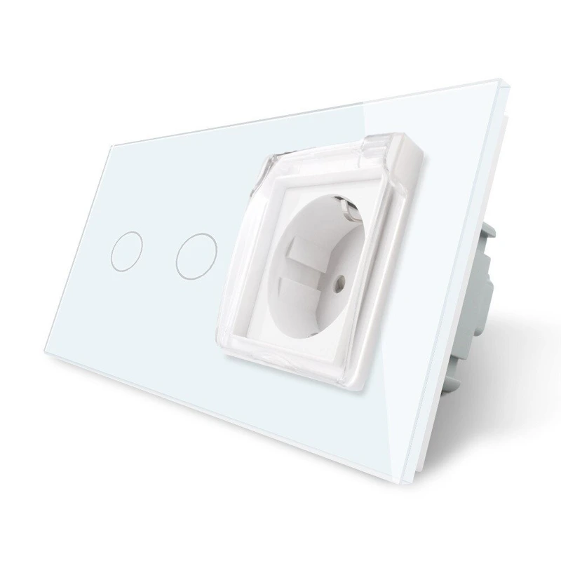 Сенсорний вимикач + подвійна розетка вологозахисна з кришкою IP44, з заземленням, біла скляна рамка, шторки, LIVOLO (VL-C702/C7C1EUWF-11)