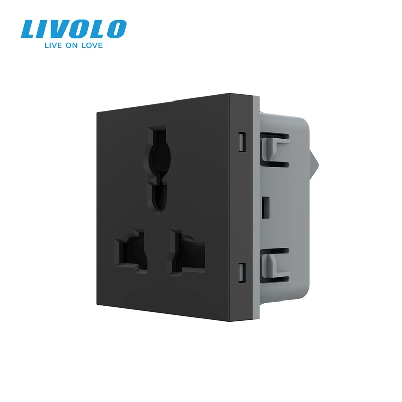 Універсальна розетка LIVOLO 12-в-1, з заземленням і шторками, чорна, 16А 250В, модуль (VL-FCT22 16A-2BP)