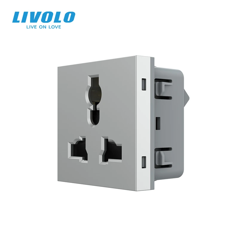 Універсальна розетка LIVOLO 12-в-1, з заземленням і шторками, сіра, 16А 250В, модуль (VL-FCT22 16A-2IP)