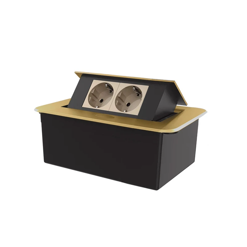 Меблева розетка подвійна LIVOLO золота, вбудована у стільницю, для кухні/офісу/конференц-залу, висувна, з заземленням, плавне відкриття, алюміній 155×118×70 мм (VL-SHS012-TCAP-A)