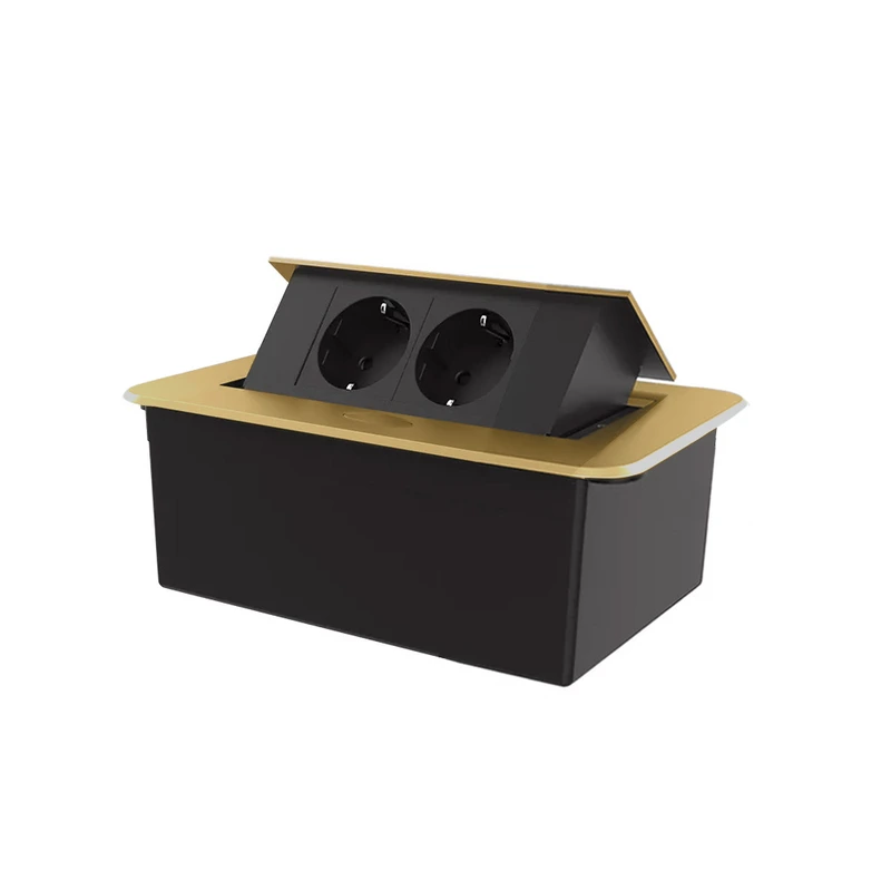 Меблева розетка подвійна LIVOLO золота, вбудована у стільницю, для кухні/офісу/конференц-залу, висувна, з заземленням, плавне відкриття, алюміній 155×118×70 мм (VL-SHS012-TCBP-A)