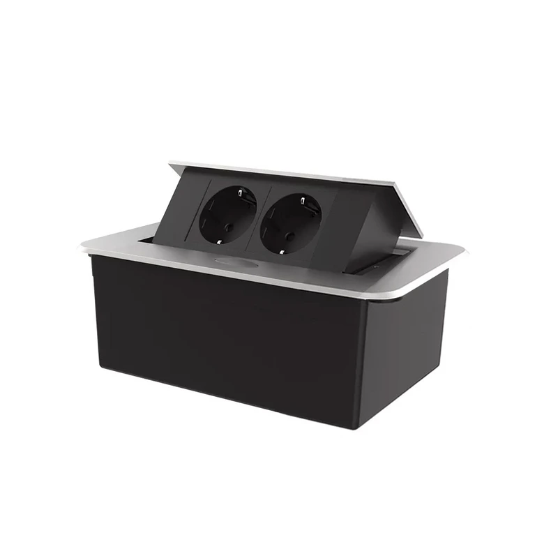 Меблева розетка подвійна LIVOLO срібна, вбудована у стільницю, для кухні/офісу/конференц-залу, висувна, з заземленням, плавне відкриття, алюміній 155×118×70 мм (VL-SHS012-TCBP-I)