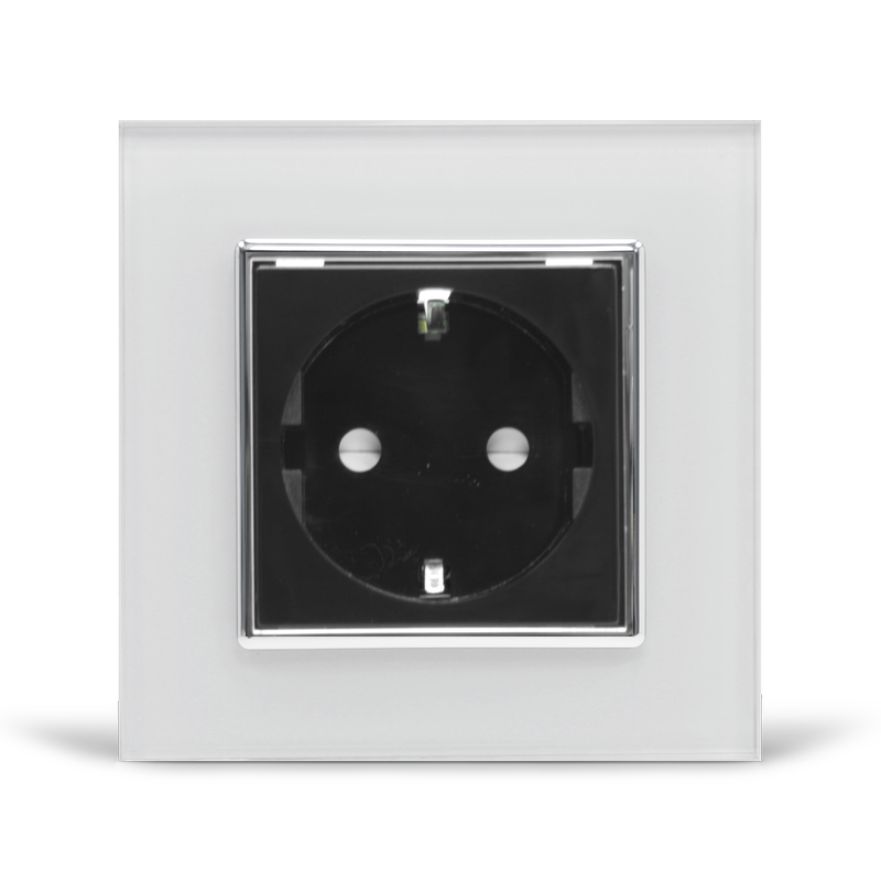 Електрична розетка з заземленням LIVOLO, чорна з білою рамкою, хромованою вставкою, скло, шторки, 250В 16А (VL-C7C1EU-11/12C)